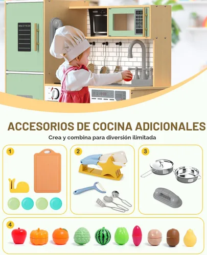Vista 4 de Babytronic Juego de cocina de madera para niños, cocina de juego interactiva con luces y sonidos, juego de cocina de juguete para niños con grifo