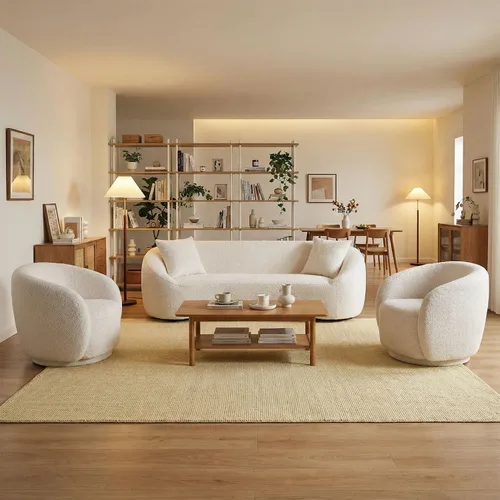 Vista 10 de Juego de 2 sofás curvos, modernos sofás de sala de estar, sofás integrales, sofás de 3 plazas + silla giratoria de 360 grados con respaldo curvado