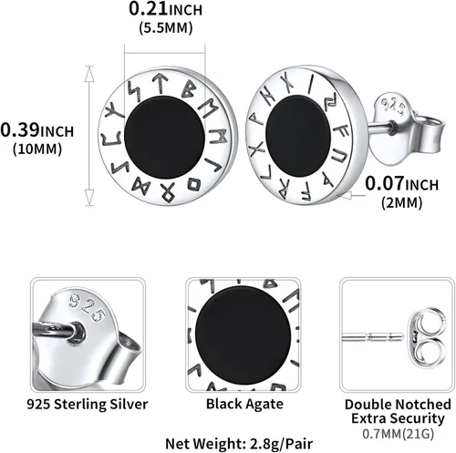 Vista 5 de ChicSilver Pendientes de tuerca de plata de ley 925 con runa vikinga de ónix negro natural para mujeres y hombres