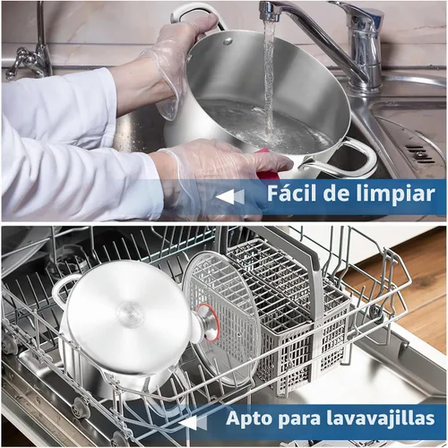 Vista 7 de E-far Olla de 6 Cuartos, Olla de Cocina de Acero Inoxidable de Tres Capas con Tapa de Vidrio y Asas Remachadas, Olla de Metal para Pasta y Sopa