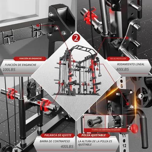 Vista 5 de XGSW Smith Machine Gimnasio en casa, jaula de potencia multifunción con sistema cruzado de cable de polea doble, estante para sentadillas