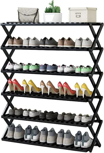 Vista 5 de Zapatero plegable de bambú negro para entrada, estante de zapatos sin instalación, organizador de zapatos que ahorra espacio y almacenamiento