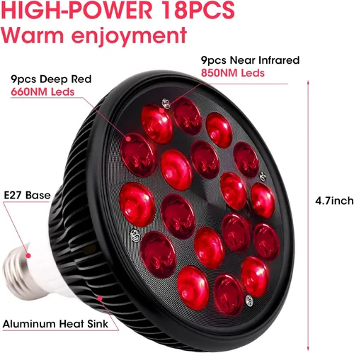 Vista 4 de Lámpara de terapia de luz roja-54W 18 LED Dispositivo de terapia de luz infrarroja con soporte de lámpara ajustable, 660nm rojo y 850nm infrarrojo