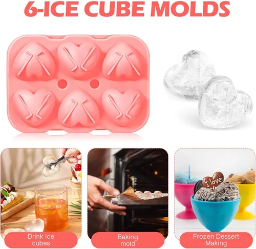 Vista 7 de Domensi 2 moldes grandes de hielo en forma de corazón 3D reutilizables de silicona con 6 formas de corazón para bricolaje, chocolate, dulces, Rosa