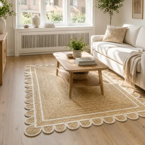 Vista 10 de Alfombra festoneada de yute natural, base natural con ribete blanco hueso, alfombra bohemia de granja hecha a mano con respaldo antideslizante