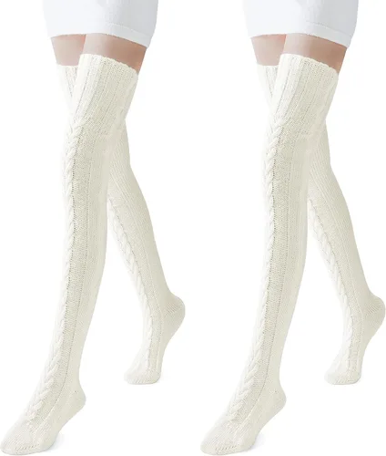 Vista 2 de Pcavin Calcetines altos hasta el muslo para mujer, por encima de la rodilla, calcetines de punto trenzado, calentadores de piernas largos y cálidos