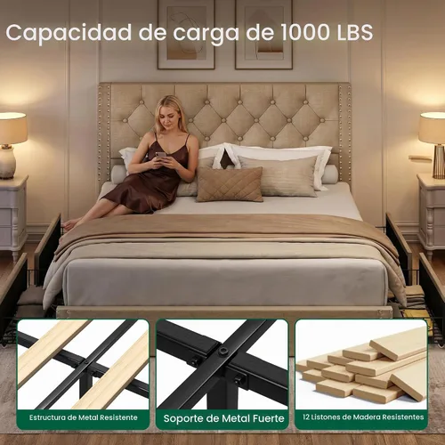 Vista 5 de LARMACE Base de cama tamaño matrimonial con 4 cajones de almacenamiento y cabecera copetada, base de cama tapizada en lino con listones de madera