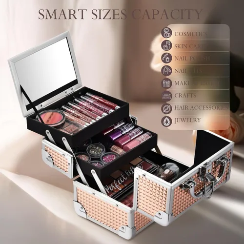 Vista 9 de FRENESSA Estuche de Maquillaje Tipo Maleta, Caja de Maquillaje Portátil con Espejo, Caja con Cerradura, Estuches de Maquillaje de Viaje Tipo Maleta