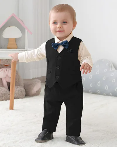 Vista 2 de DISAUR Ropa para bebé niño pequeño, 4 piezas, vestido de caballero, chaleco, pantalones, corbatín, conjuntos de traje de algodón