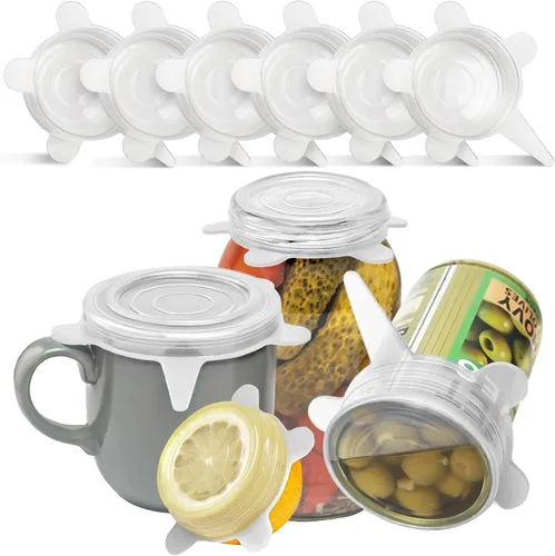 Vista 10 de Orblue Tapas de silicona elásticas, paquete de 6 unidades, pequeñas para almacenamiento de alimentos frescos, sella los sabores, mantiene