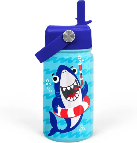 Vista 29 de SANDJEST Botella de Agua para Niños con Tapa de Pajita - 12 Oz Botella de Acero Inoxidable Aislada con Dibujo de Animales para Niños y Niñas - Taza