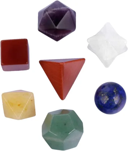 Vista 2 de mookaitedecor Juego de geometría sagrada de 7 chakras de cristal platónico, piedras pulidas pulidas con estrella Merkaba para curación y meditación