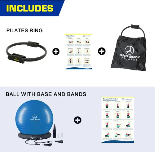 Vista 2 de ProBody Pilates Círculo mágico de 14 pulgadas y una pelota de yoga de 25.6 in con base y bandas (2 unidades) para estabilidad, barras, yoga