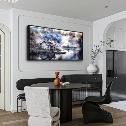 Vista 5 de ERQINHUA Arte de pared para sala de estar, lienzo decorativo de pared para dormitorio, oficina, decoración con árbol azul, paisaje junto al lago