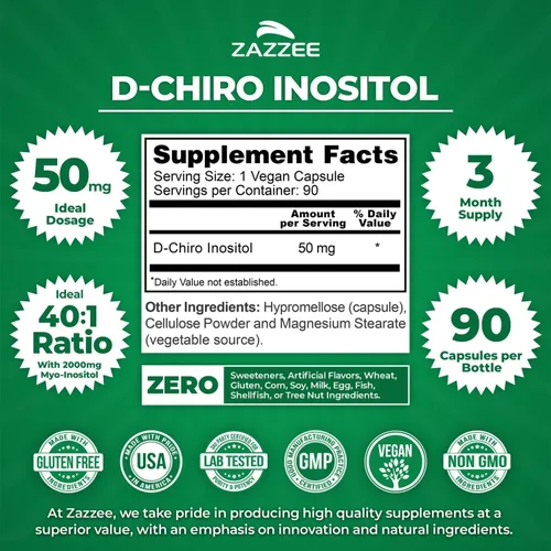 Vista 2 de Zazzee Suplemento de inositol de relación 40:1 Myo y D-Chiro para mujeres Cápsulas de D-Chiro y Myo Inositol para la regulación del ciclo, apoyo