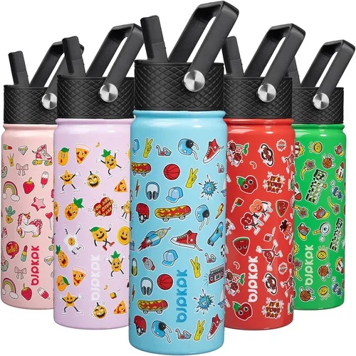Vista 47 de BJPKPK Botella de agua con tapa con pajilla, botella de agua aislada de 15 onzas, botellas de agua de metal de acero inoxidable, termo reutilizable