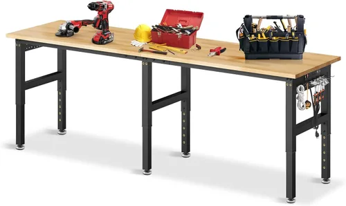 Vista 9 de Banco de trabajo de altura ajustable de 48 x 24 pulgadas, banco de trabajo resistente para garaje con estante debajo de la mesa, mesa de trabajo