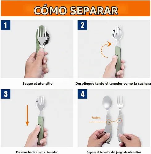 Vista 2 de HIKENTURE 4 en 1 Utensilios para Camping, Juego de Cubertería de Acero Inoxidable con Cuchara, Tenedor, Cuchillo y Abrebotellas, Cubiertos