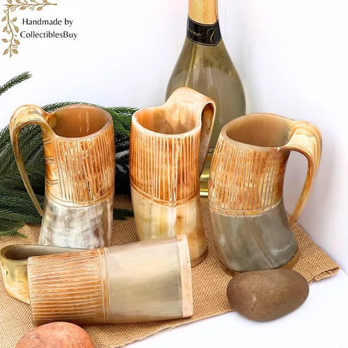 Vista 6 de Juego de 4 tazas estilo vikingo, tazas de cuerno hechas a mano de inspiración nórdica Tazas medievales de cerveza, cerveza Ale & Mead de 8.5 fl oz