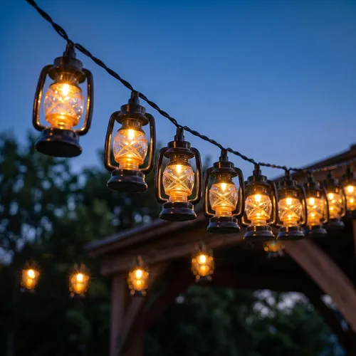 Vista 9 de Guirnalda de luces multicolor para exteriores, tira de luces de patio de 8.5 pies con 10 mini linternas colgantes, luces decorativas impermeables
