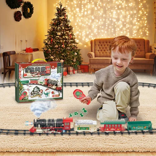 Vista 8 de Juego de tren de control remoto con vapor, luces y sonidos, tren de juguete eléctrico para niños de 4 a 8 años, juego de tren de árbol de Navidad