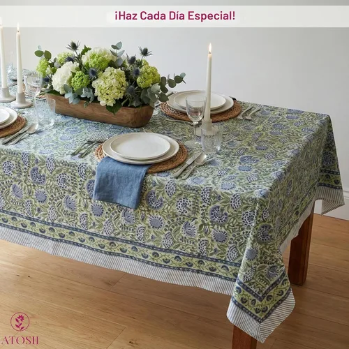 Vista 6 de ATOSII Mantel 100% algodón, Amara, floral, hecho a mano, rectangular, de lino, para cocina, comedor, fiestas, bodas, exteriores, picnics, Pascua