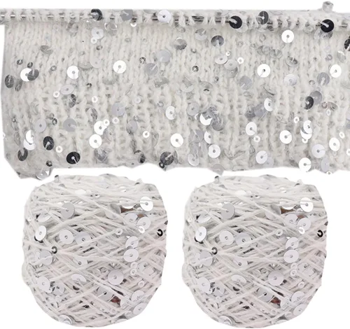 Vista 3 de Hilo de algodón de lentejuelas brillantes de 153 yardas, hilo brillante de ganchillo para diadema, gorro, tejer, suéter, tejido, puntada de Beige