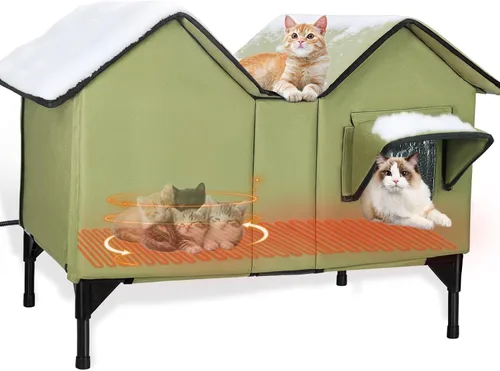 Vista 13 de Casa climatizada para gatos en invierno exterior, casa para gatos climatizada extra grande, resistente a la intemperie, cama elevada, puerta