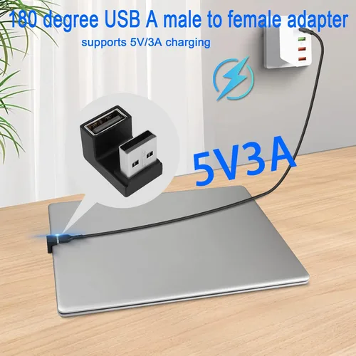 Vista 3 de QIANRENON Convertidor de adaptador USB 3.1 en forma de U de 10 Gbps 180 grados USB A macho a hembra, compatible con transferencia de datos OTG 3A