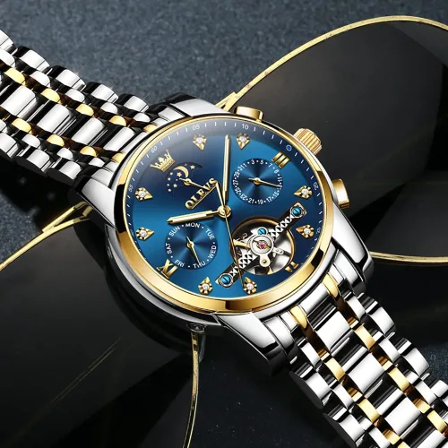 Vista 5 de OLEVS Men Automatic Watch Skeleton Moon Phase Dial Luxury Dress Stainless Steel Strap 5 Hands Diamond Men Wrist Watches