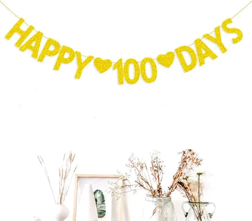 Vista 3 de Morndew Cartel de feliz 100 días con purpurina dorada para baby shower, fiesta de cumpleaños, suministros de decoración