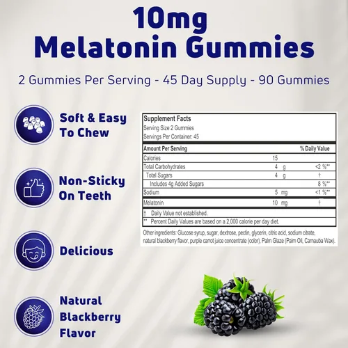 Vista 4 de Gomitas de melatonina de 10 mg de suministro para 45 días. Gomitas de melatonina para adultos. Sin gelatina, vegetariano. Apoya el sueño