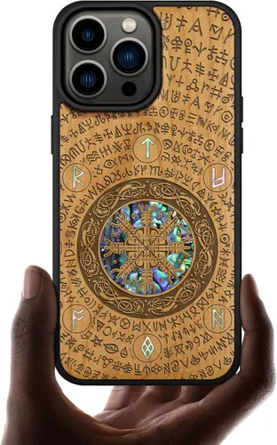 Vista 12 de Carveit Funda magnética de madera de diseñador para iPhone 14 Pro Max, grabado en madera e incrustaciones de concha, funda de madera única