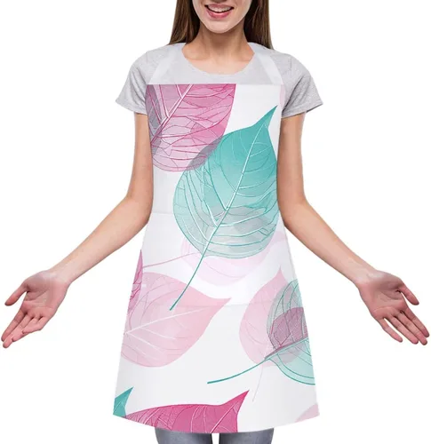 Vista 3 de MUSM Apron for Adults - 27.6 X 31.5 Inch, Heavy-Duty Polyester Aprons with Two Large Pockets, Waterproof Peach And Teal Leaves Kitchen Apron for