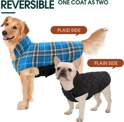 Vista 4 de Kuoser - Abrigo impermeable de invierno para perro, chaqueta reversible estilo británico, ropa para perro a cuadros, abrigo de nieve acogedor