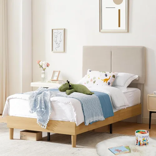 Vista 7 de VECELO Marco de cama tamaño individual tapizado, plataforma con cabecero de algodón y lino ajustable en altura, listones de madera de alta
