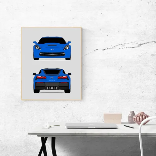 Vista 9 de Custom Car Posters Handmade Poster compatible with Chevy Corvette C7 Z51 Stingray (2014-2019) (Front and Rear) 7th Generation Print Wall Art Décor