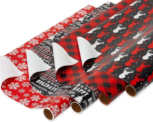 Vista 2 de American Greetings - Papel de regalo navideño, juego de envoltura de regalo de cuadros de búfalo rojo y negro