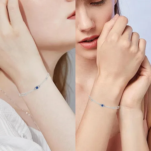 Vista 4 de Pulseras de plata de ley 925 con infinito de mal de ojo, ajustable, para mujer, madre, esposa, novia, regalo de joyería