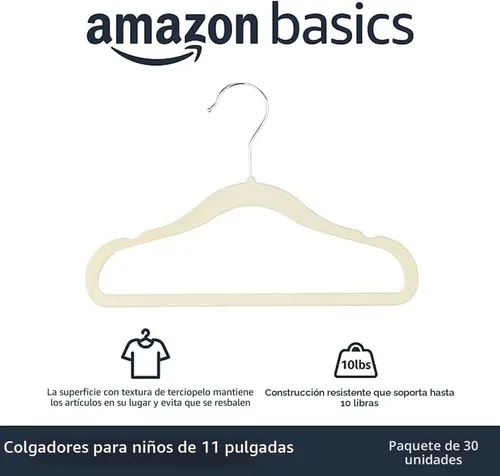 Vista 2 de Amazon Basics Perchas de terciopelo antideslizantes para niños que ahorran espacio con muescas para el hombro, construcción resistente para Beige