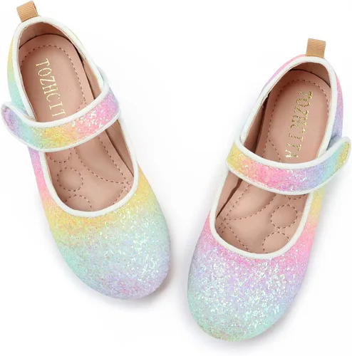 Vista 6 de TOZHCITA Zapatos de vestir de arco iris para niña, zapatos de princesa con purpurina para bebé, zapatos de Mary Jane brillantes para fiesta, zapatos