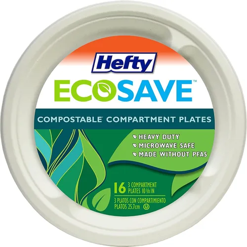 Vista 2 de Hefty EcoSave - Platos desechables con compartimentos, hechos de materiales a base de plantas, platos de papel resistentes, 10 ¼ pulgadas, 16