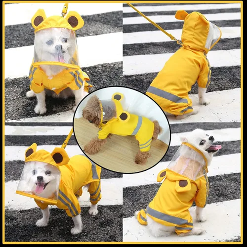 Vista 5 de Impermeable para perros, chaqueta impermeable para perros con rayas reflectantes de seguridad, poncho con capucha y correa para perros y cachorros