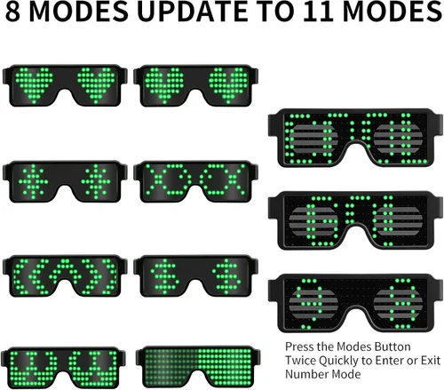 Vista 3 de Gafas LED dinámicas que brillan con luz LED recargable por USB, con luz intermitente de neón, 11 patrones, gafas luminosas