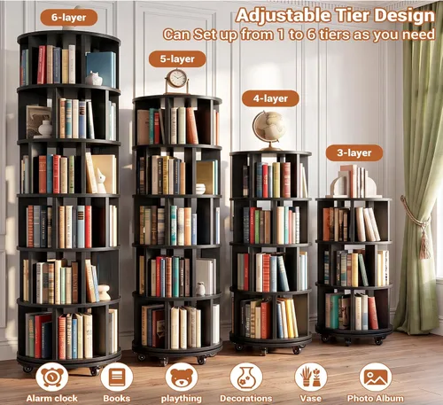 Vista 7 de Besiost 6-Tier Rotating Bookshelf Tower, Solid Wood 360° Revolving Bookcase Round Spinning Book Shelf Organizer on 6 Wheels, Narrow Rolling