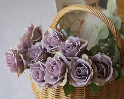 Vista 3 de DuHouse 10 rosas falsas de seda artificial, color morado otoñal Púrpura Otoño