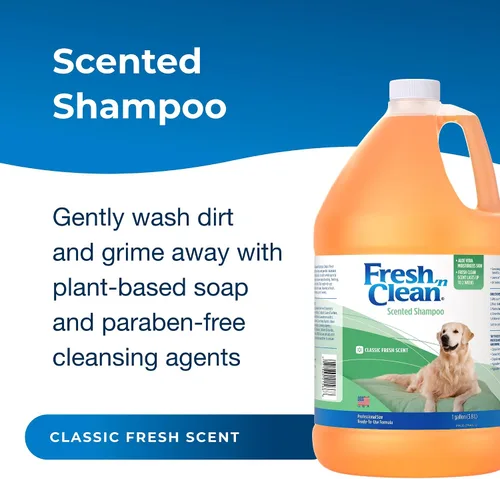 Vista 2 de PetAg Champú perfumado Fresh 'n Clean, clásico aroma fresco - 1 galón - Hidrata con vitamina E y aloe vera - Fortalece y repara el pelaje - Sin jabón