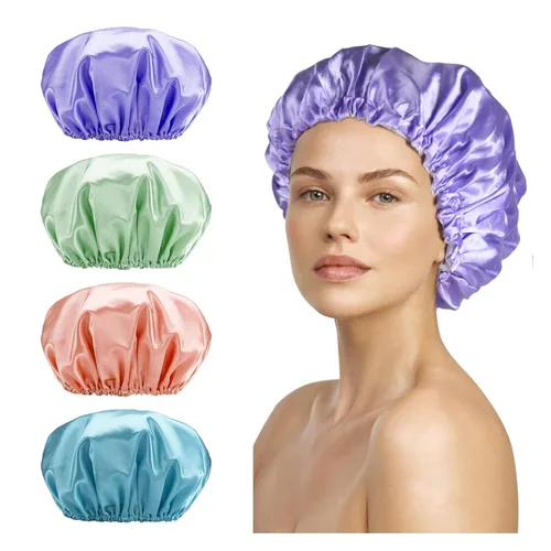 Vista 10 de Smilco Paquete de 2 gorros de ducha para mujer, reutilizables, impermeables, de doble capa, cubierta elástica grande de EVA para el cabello, se
