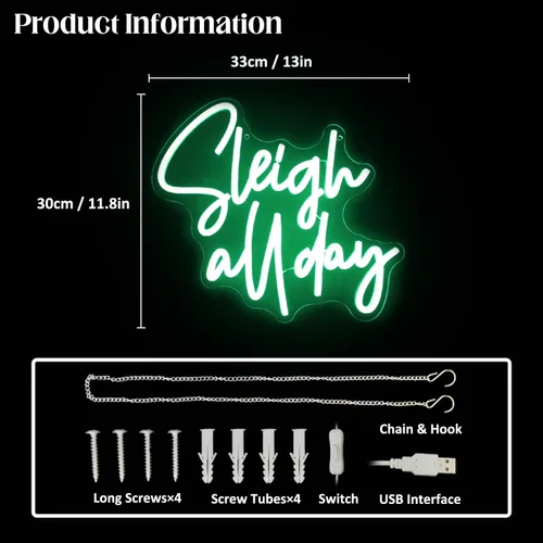 Vista 4 de Sleigh All Day - Letrero de luces de neón de Navidad, letras verdes, luces de neón LED para pared, palabras de Navidad, letrero luminoso de neón