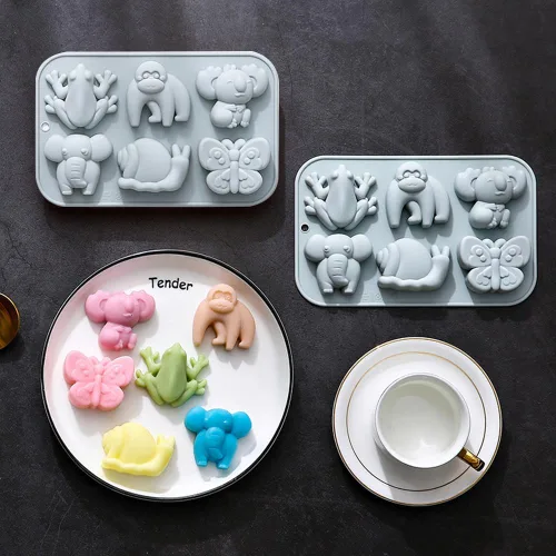 Vista 5 de Paquete de 2 moldes de silicona de animales lindos, 6 cavidades 3D de elefante, mariposa, mariquita, moldes para hornear pasteles, elegantes moldes